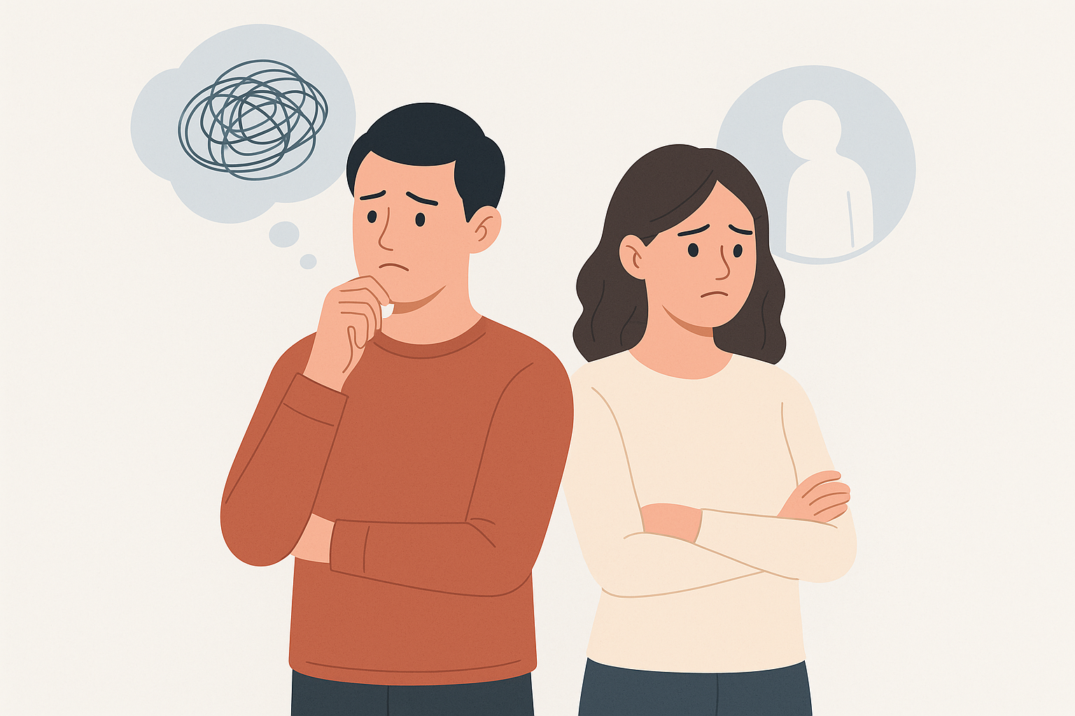 Ilustración de hombre y mujer pensativos representando autoestima baja