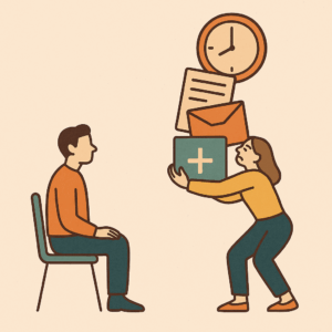 Ilustración minimalista de una mujer cargando múltiples responsabilidades —un reloj, documentos y una caja con símbolo de salud— mientras un hombre, sentado, la observa pasivamente. Representa la sobrefuncionalidad codependiente, donde una persona asume de más y la otra delega.