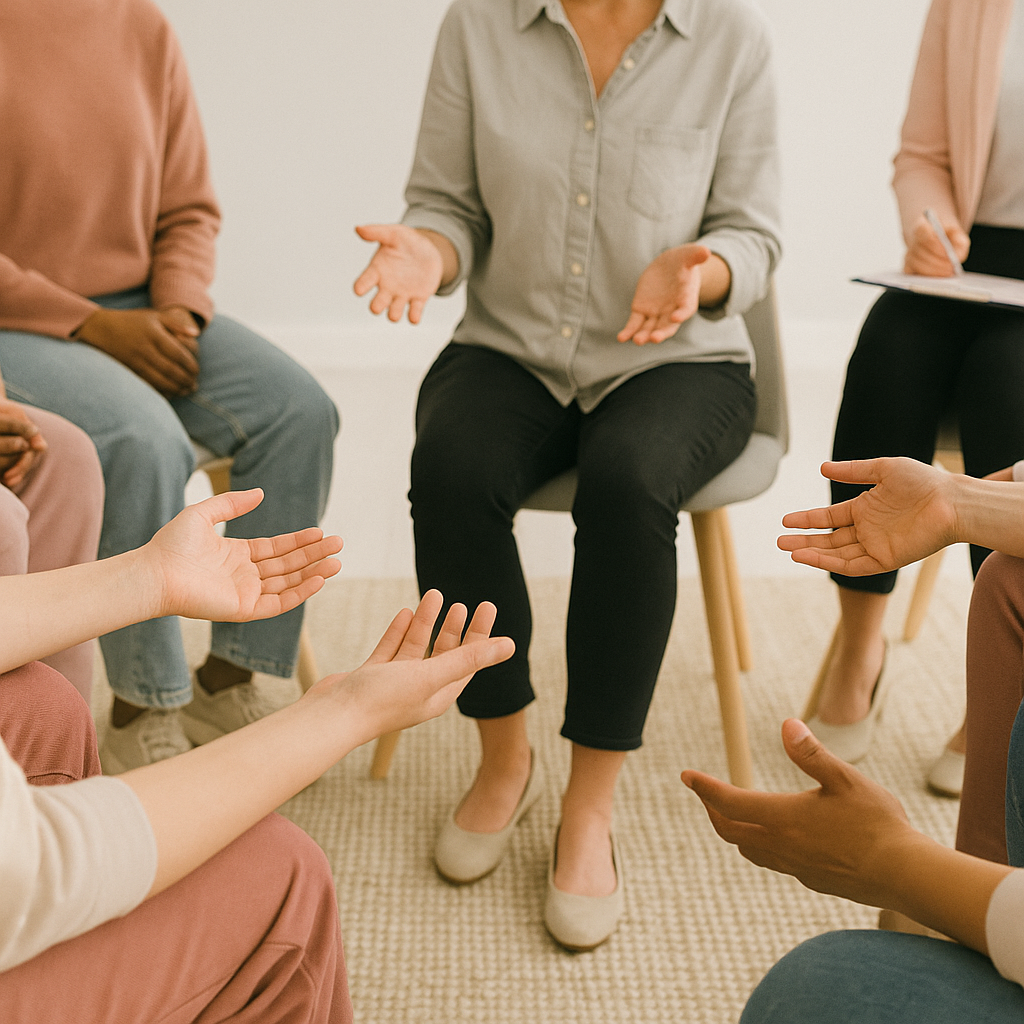 Terapia grupal y talleres de Jesica Mosca. Encuentros online para compartir experiencias y fortalecer la autoestima.